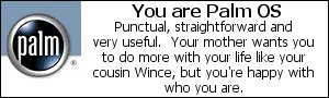 You are Palm OS. Punctual, traightforward and very useful.  Your mother wants you to do more with your life like your cousin Wince, but you're happy with who you are.